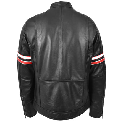 Mens Real Leather Biker Style Jacket Cafe Racer Multi Stripes Boxer Black - genuine leather jacket in black with biker
