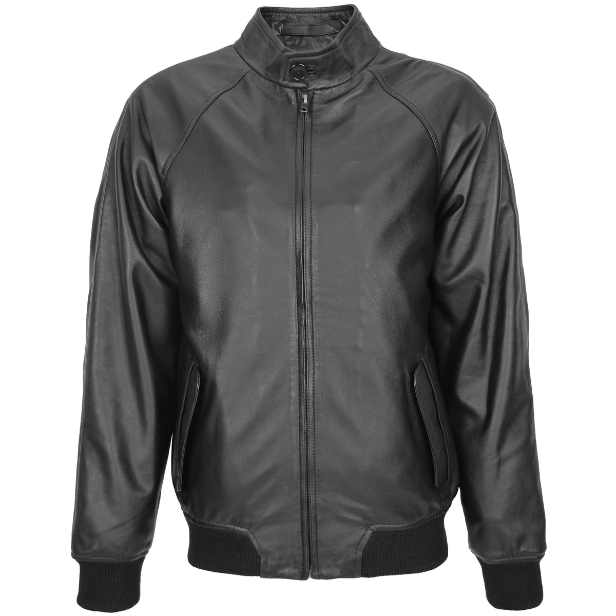 Mens Real Leather Bomber Jacket Raglan Shoulder Francis Black - genuine leather jacket in black with two outer pockets