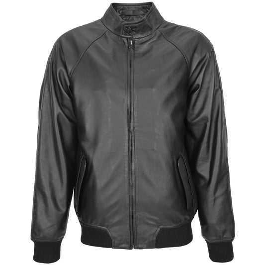Mens Real Leather Bomber Jacket Raglan Shoulder Francis Black - genuine leather jacket in black with two outer pockets
