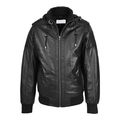 Mens Real Leather Bomber Jacket Trendy Removable Hood Style Reggie Black - genuine leather jacket in black with removable hood