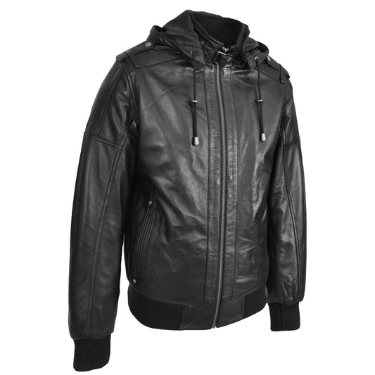Mens Real Leather Bomber Jacket Trendy Removable Hood Style Reggie Black - genuine leather jacket in black with bomber