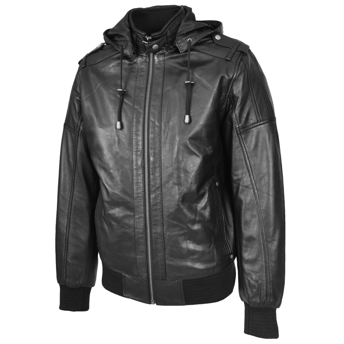 Mens Real Leather Bomber Jacket Trendy Removable Hood Style Reggie Black - genuine leather jacket in black with removable hood