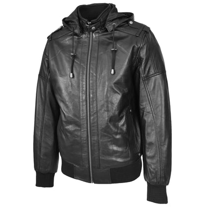 Mens Real Leather Bomber Jacket Trendy Removable Hood Style Reggie Black - genuine leather jacket in black with removable hood