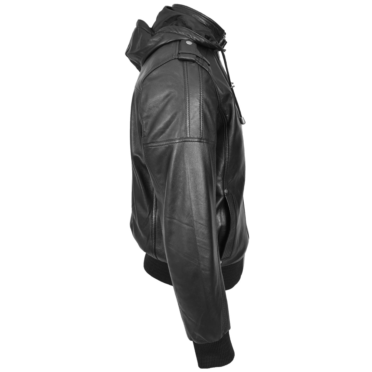 Mens Real Leather Bomber Jacket Trendy Removable Hood Style Reggie Black - genuine leather jacket in black with bomber
