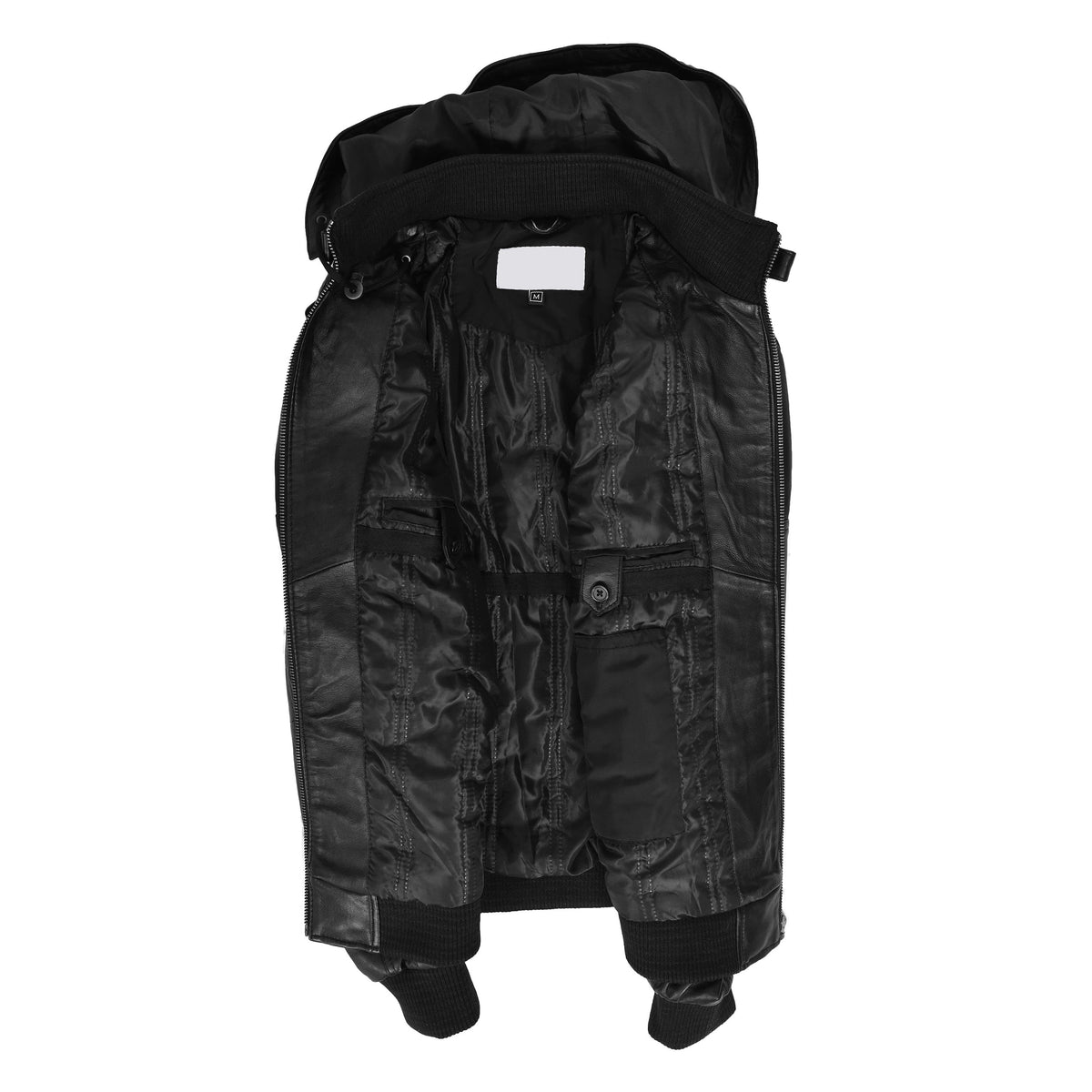 Mens Real Leather Bomber Jacket Trendy Removable Hood Style Reggie Black - genuine leather jacket in black with removable hood