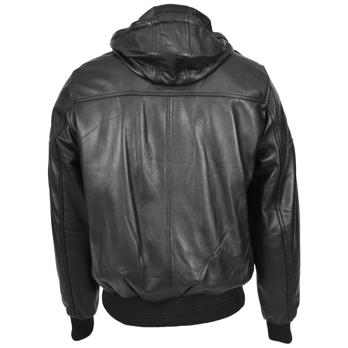 Mens Real Leather Bomber Jacket Trendy Removable Hood Style Reggie Black - genuine leather jacket in black with bomber