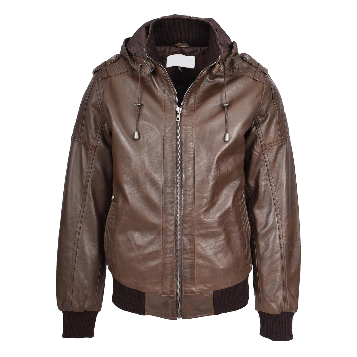 Mens Real Leather Bomber Jacket Trendy Removable Hood Style Reggie Brown - genuine leather jacket in brown with removable hood