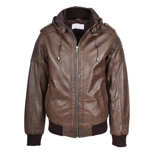 Mens Real Leather Bomber Jacket Trendy Removable Hood Style Reggie Brown - genuine leather jacket in brown with removable hood