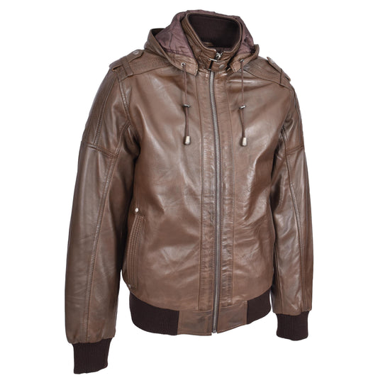 Mens Real Leather Bomber Jacket Trendy Removable Hood Style Reggie Brown - genuine leather jacket in brown with bomber