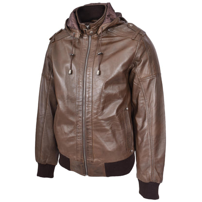 Mens Real Leather Bomber Jacket Trendy Removable Hood Style Reggie Brown - genuine leather jacket in brown with removable hood