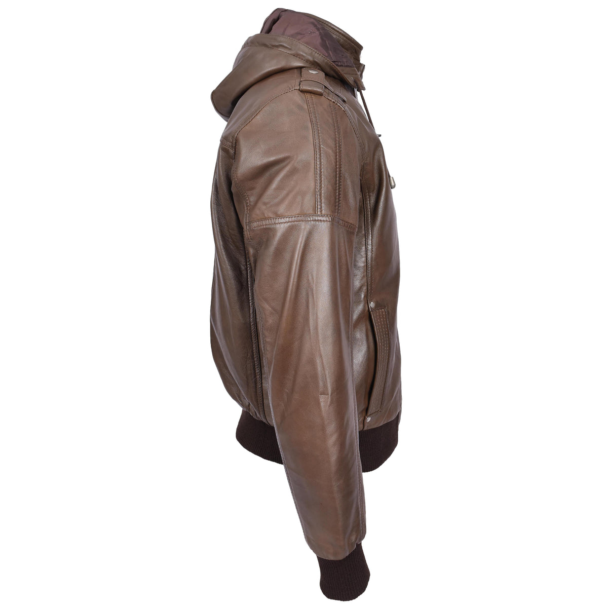 Mens Real Leather Bomber Jacket Trendy Removable Hood Style Reggie Brown - genuine leather jacket in brown with bomber