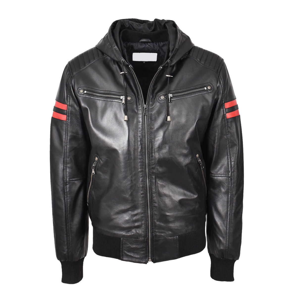 Mens Real Leather Bomber Zip Jacket Hooded Remmy Black - genuine leather jacket in black with the quilted design on the shoulders and bottom back adds a touch of sophistication, featuring the hood with drawstrings, 4 front zip pockets, and 2 inside pockets make it both stylish and practical.