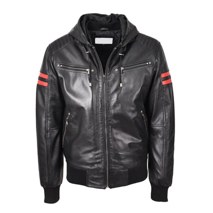 Mens Real Leather Bomber Zip Jacket Hooded Remmy Black - genuine leather jacket in black with the quilted design on the shoulders and bottom back adds a touch of sophistication, featuring the hood with drawstrings, 4 front zip pockets, and 2 inside pockets make it both stylish and practical.