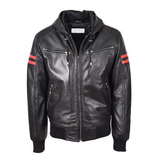 Mens Real Leather Bomber Zip Jacket Hooded Remmy Black - genuine leather jacket in black with the quilted design on the shoulders and bottom back adds a touch of sophistication, featuring the hood with drawstrings, 4 front zip pockets, and 2 inside pockets make it both stylish and practical.