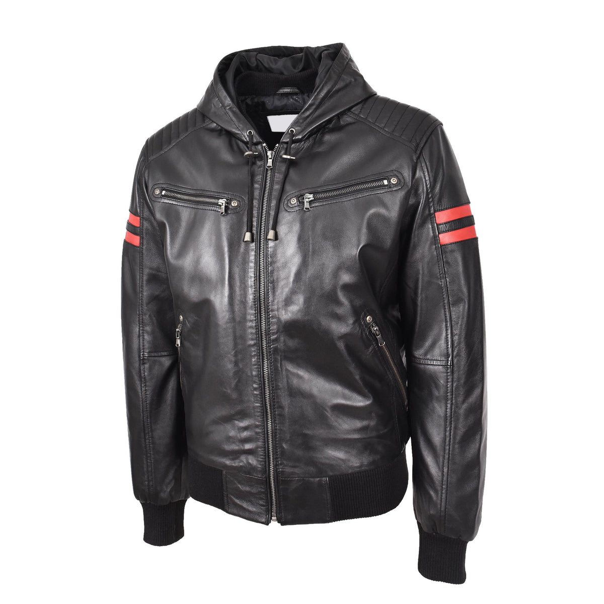 Mens Real Leather Bomber Zip Jacket Hooded Remmy Black - genuine leather jacket in black with bomber