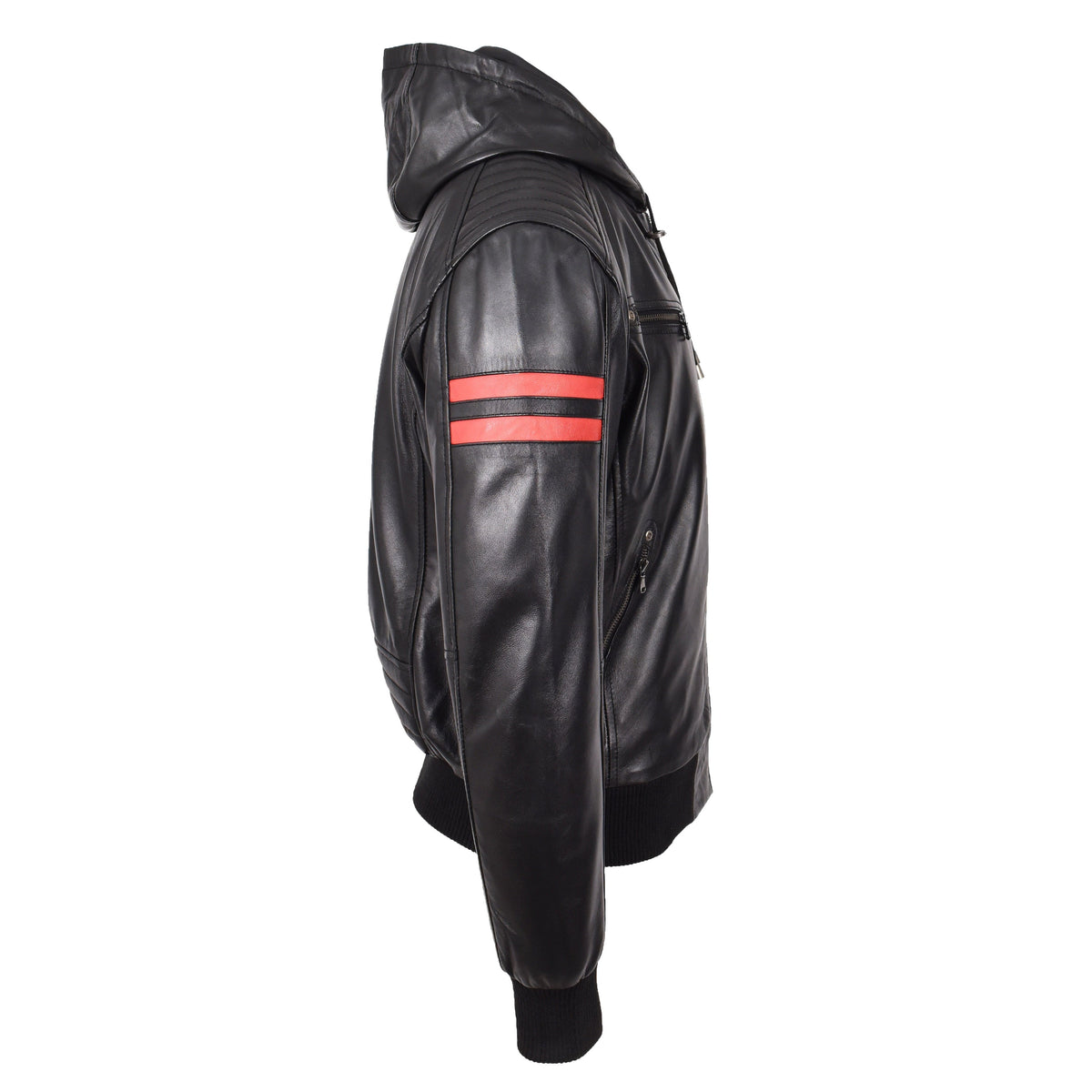 Mens Real Leather Bomber Zip Jacket Hooded Remmy Black - genuine leather jacket in black with the quilted design on the shoulders and bottom back adds a touch of sophistication, featuring the hood with drawstrings, 4 front zip pockets, and 2 inside pockets make it both stylish and practical.