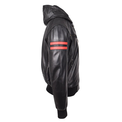 Mens Real Leather Bomber Zip Jacket Hooded Remmy Black - genuine leather jacket in black with the quilted design on the shoulders and bottom back adds a touch of sophistication, featuring the hood with drawstrings, 4 front zip pockets, and 2 inside pockets make it both stylish and practical.