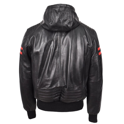 Mens Real Leather Bomber Zip Jacket Hooded Remmy Black - genuine leather jacket in black with bomber