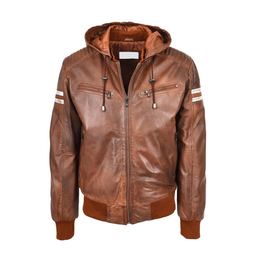 Mens Real Leather Bomber Zip up Detachable Hoodie Jacket Remmy Cognac - genuine leather jacket in cognac with detachable hood