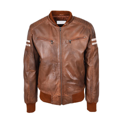 Mens Real Leather Bomber Zip up Detachable Hoodie Jacket Remmy Cognac - genuine leather jacket in cognac with bomber