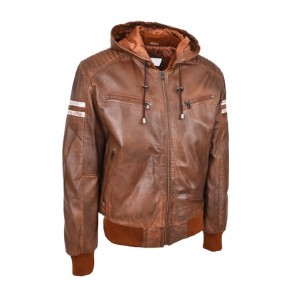Mens Real Leather Bomber Zip up Detachable Hoodie Jacket Remmy Cognac - genuine leather jacket in cognac with detachable hood