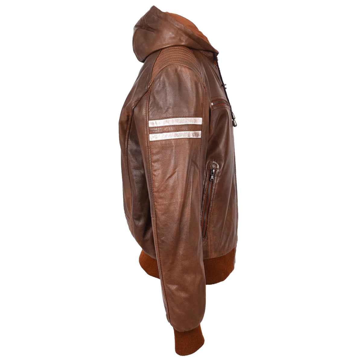 Mens Real Leather Bomber Zip up Detachable Hoodie Jacket Remmy Cognac - genuine leather jacket in cognac with bomber