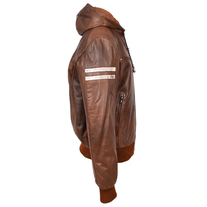 Mens Real Leather Bomber Zip up Detachable Hoodie Jacket Remmy Cognac - genuine leather jacket in cognac with bomber