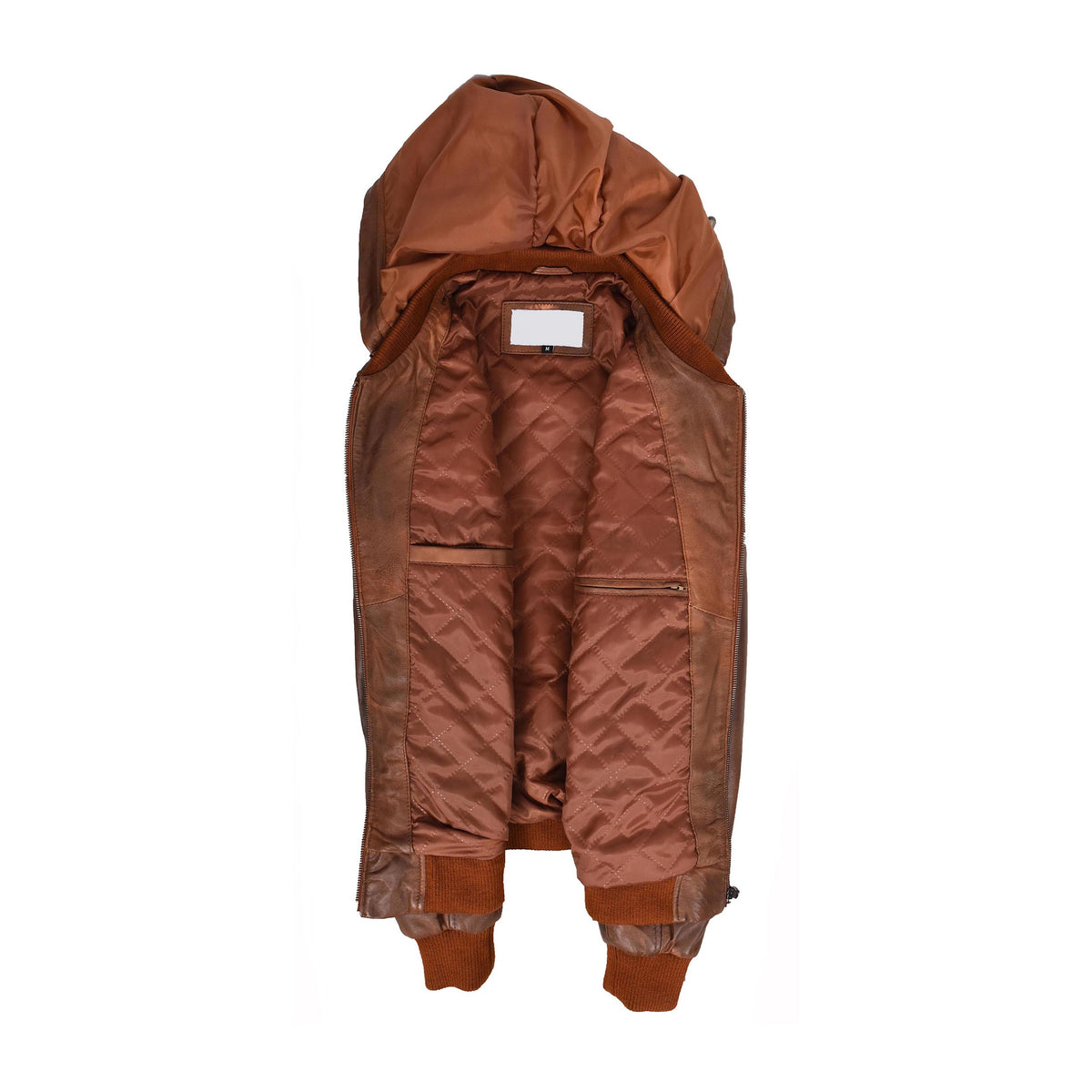 Mens Real Leather Bomber Zip up Detachable Hoodie Jacket Remmy Cognac - genuine leather jacket in cognac with detachable hood