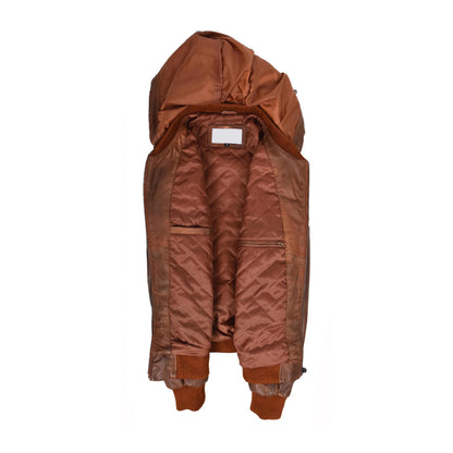 Mens Real Leather Bomber Zip up Detachable Hoodie Jacket Remmy Cognac - genuine leather jacket in cognac with detachable hood