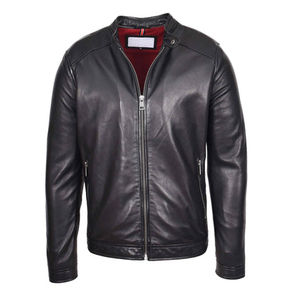 Mens Real Leather Casual Biker Style Jacket Rowan Black - genuine leather jacket in black with two outer pockets
