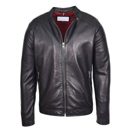 Mens Real Leather Casual Biker Style Jacket Rowan Black - genuine leather jacket in black with two outer pockets