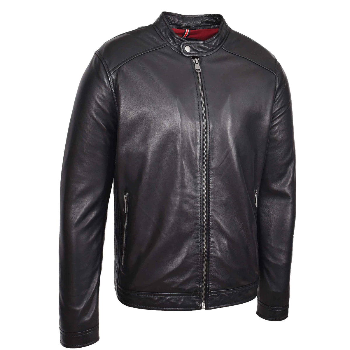 Mens Real Leather Casual Biker Style Jacket Rowan Black - genuine leather jacket in black with two outer pockets