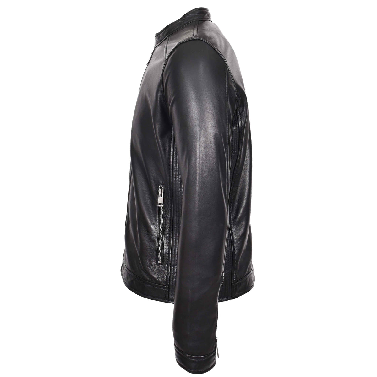 Mens Real Leather Casual Biker Style Jacket Rowan Black - genuine leather jacket in black with two outer pockets