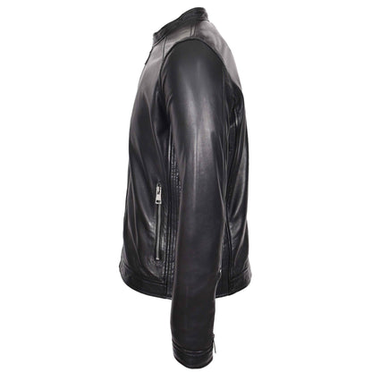Mens Real Leather Casual Biker Style Jacket Rowan Black - genuine leather jacket in black with two outer pockets