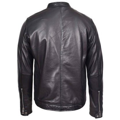 Mens Real Leather Casual Biker Style Jacket Rowan Black - genuine leather jacket in black with two outer pockets