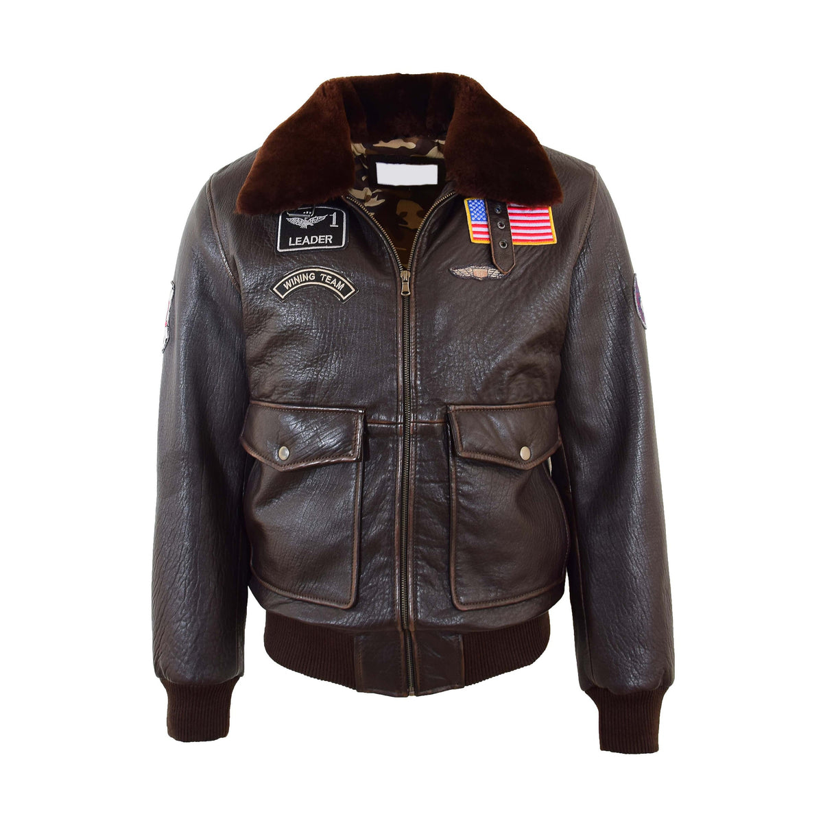 Mens Real Leather G-1 Bomber Jacket Airforce Badges Finch Brown - genuine sheepskin jacket in brown with four outer pockets