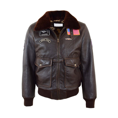 Mens Real Leather G-1 Bomber Jacket Airforce Badges Finch Brown - genuine sheepskin jacket in brown with four outer pockets