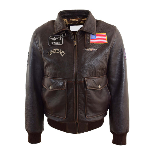 Mens Real Leather G-1 Bomber Jacket Airforce Badges Finch Brown - genuine sheepskin jacket in brown with badges
