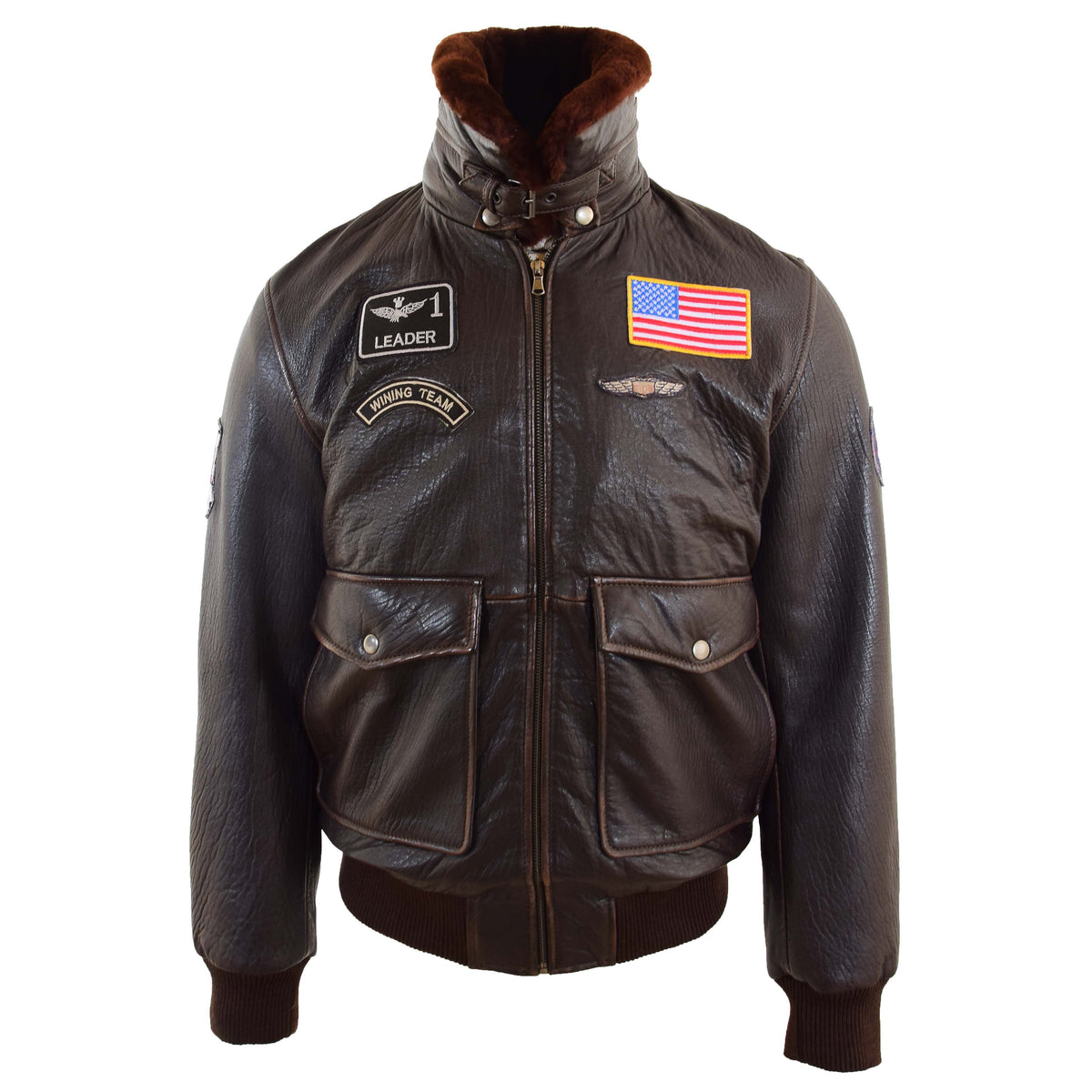 Mens Real Leather G-1 Bomber Jacket Airforce Badges Finch Brown - genuine sheepskin jacket in brown with bomber
