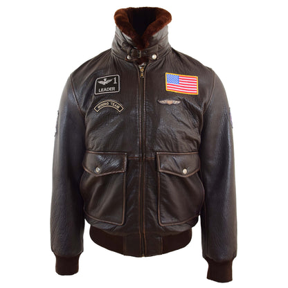 Mens Real Leather G-1 Bomber Jacket Airforce Badges Finch Brown - genuine sheepskin jacket in brown with bomber