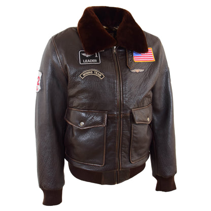 Mens Real Leather G-1 Bomber Jacket Airforce Badges Finch Brown - genuine sheepskin jacket in brown with four outer pockets