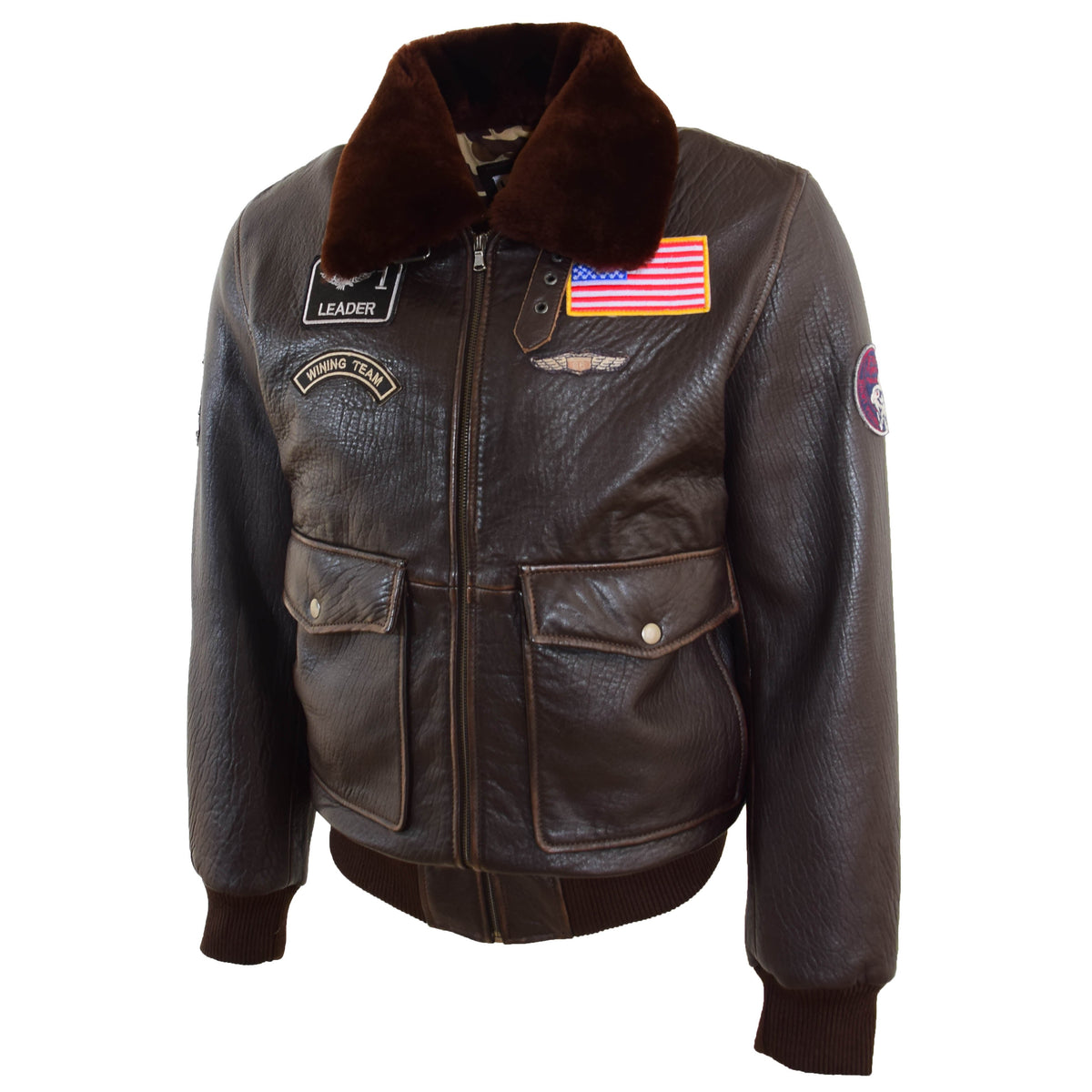 Mens Real Leather G-1 Bomber Jacket Airforce Badges Finch Brown - genuine sheepskin jacket in brown with badges