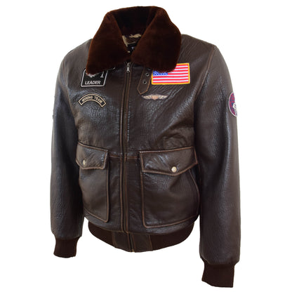 Mens Real Leather G-1 Bomber Jacket Airforce Badges Finch Brown - genuine sheepskin jacket in brown with badges