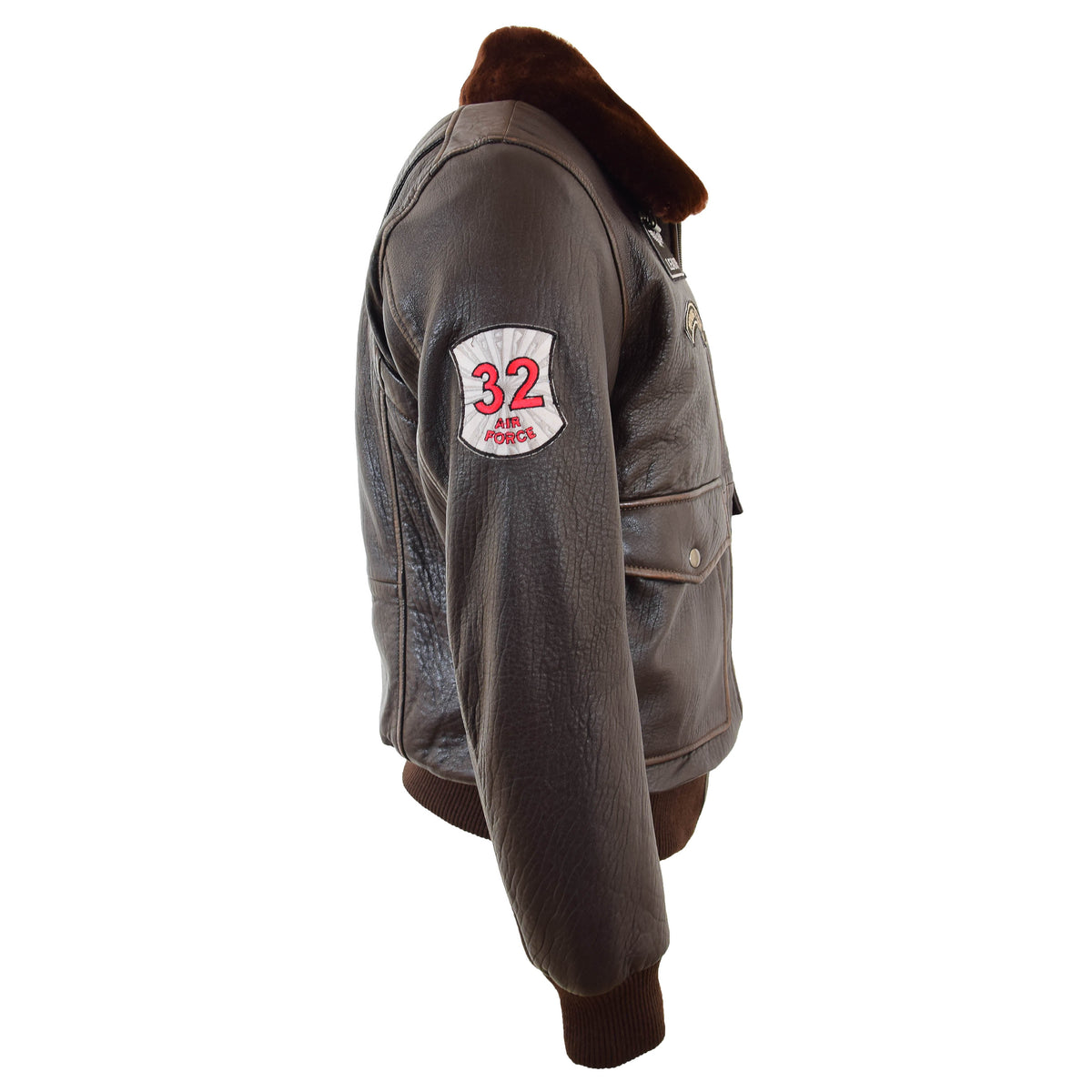 Mens Real Leather G-1 Bomber Jacket Airforce Badges Finch Brown - genuine sheepskin jacket in brown with bomber