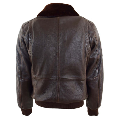 Mens Real Leather G-1 Bomber Jacket Airforce Badges Finch Brown - genuine sheepskin jacket in brown with bomber