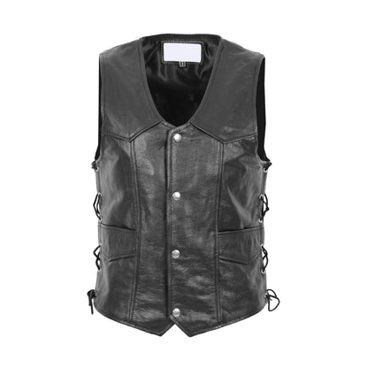 Mens Real Leather Gilet with Side Tassel Feature Jax Black - genuine leather vest in black with two outer pockets