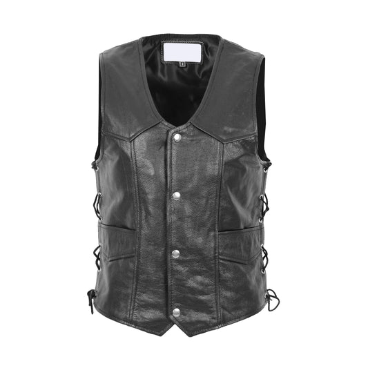 Mens Real Leather Gilet with Side Tassel Feature Jax Black - genuine leather vest in black with two outer pockets