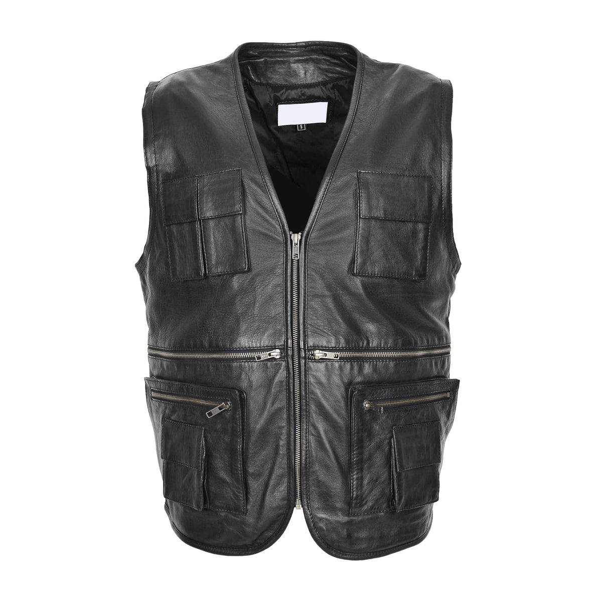 Mens Real Leather Multi-Purpose Waistcoat Gary Black - genuine leather vest in black with nine outer pockets