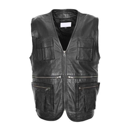 Mens Real Leather Multi-Purpose Waistcoat Gary Black - genuine leather vest in black with nine outer pockets