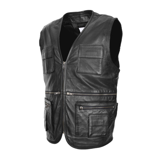 Mens Real Leather Multi-Purpose Waistcoat Gary Black - genuine leather vest in black with waistcoat